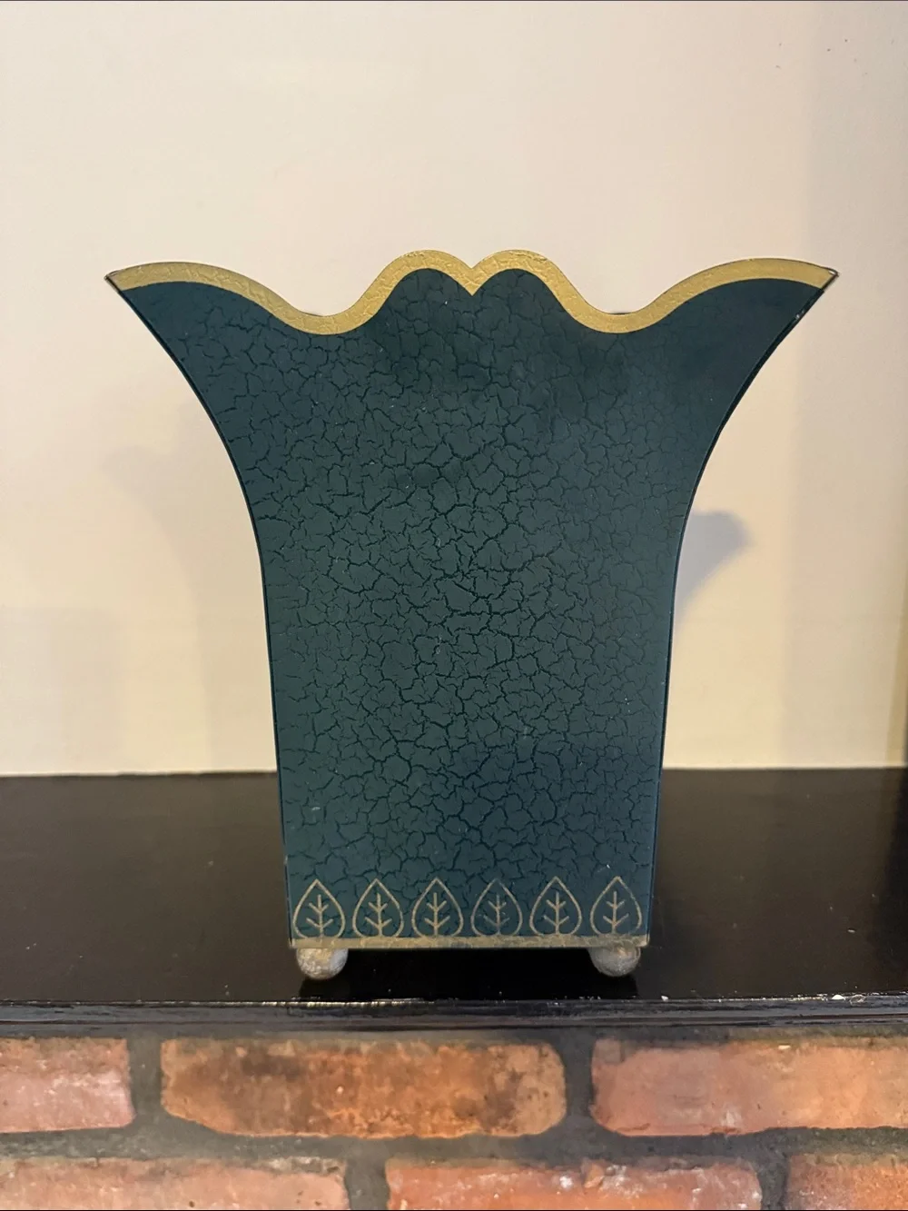 Decorative Teal Crackle Metal Vase/ garbage pail with Gold Trim